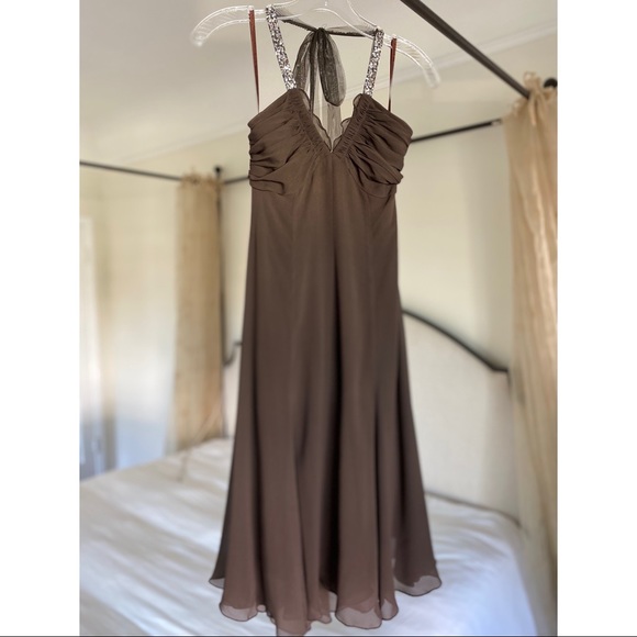 BCBG MAX AZRIA Chiffon Sequin Halter Dress, Brown - Picture 4 of 10